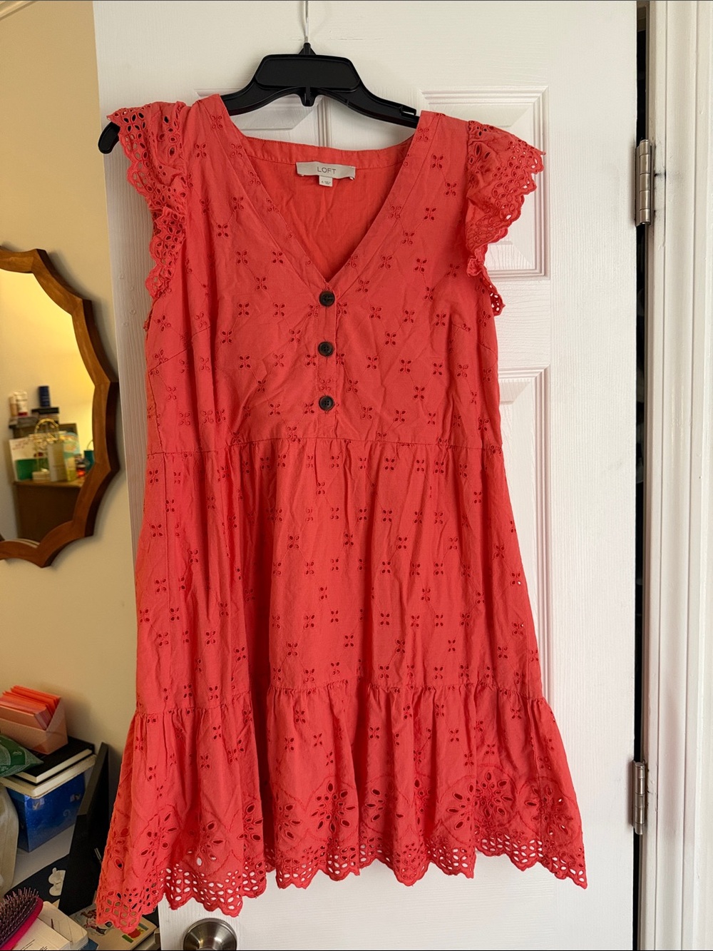 LOFT Coral Eyelet Flutter-Sleeve Dress